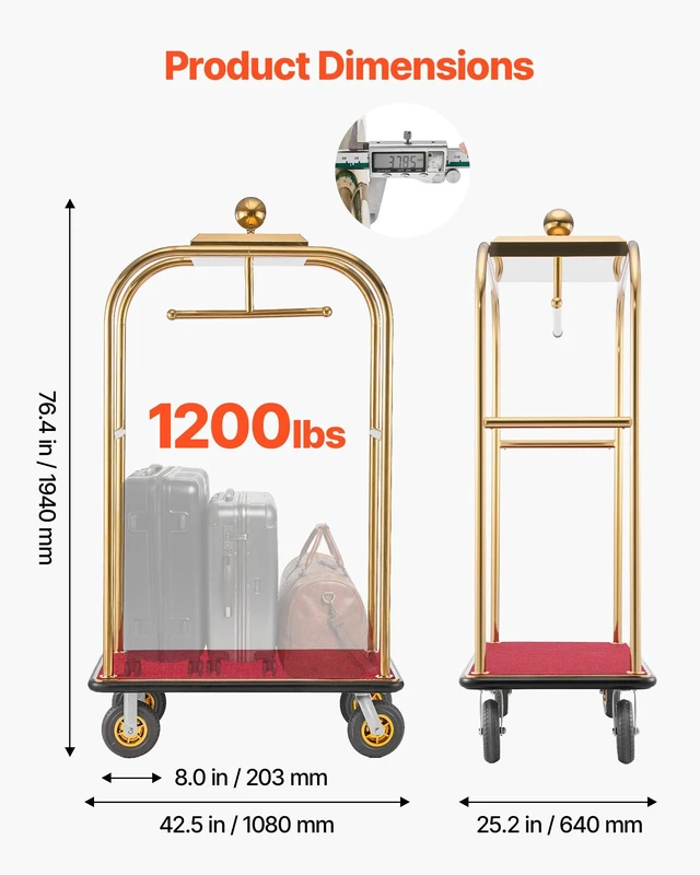 Alt view image 3 of 8 - VEVOR Hotel Luggage Cart, 1200 lbs Heavy Duty Bellman Cart with Stainless Steel Frame, 8 in Rubber Wheels, Red Carpeted Deck, Commercial Luggage Carrier Rolling Trolley for Hotels, Resorts, Gold