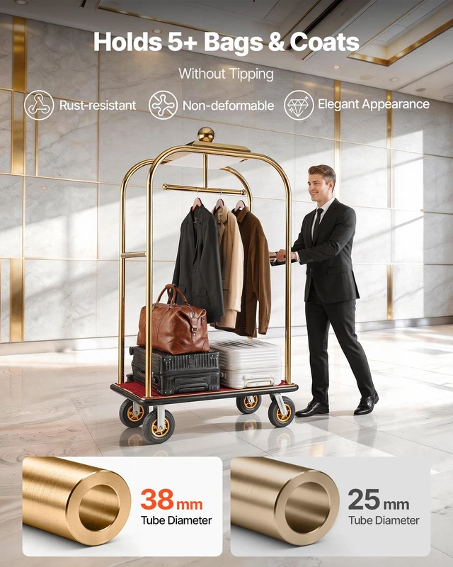 Alt view image 5 of 8 - VEVOR Hotel Luggage Cart, 1200 lbs Heavy Duty Bellman Cart with Stainless Steel Frame, 8 in Rubber Wheels, Red Carpeted Deck, Commercial Luggage Carrier Rolling Trolley for Hotels, Resorts, Gold