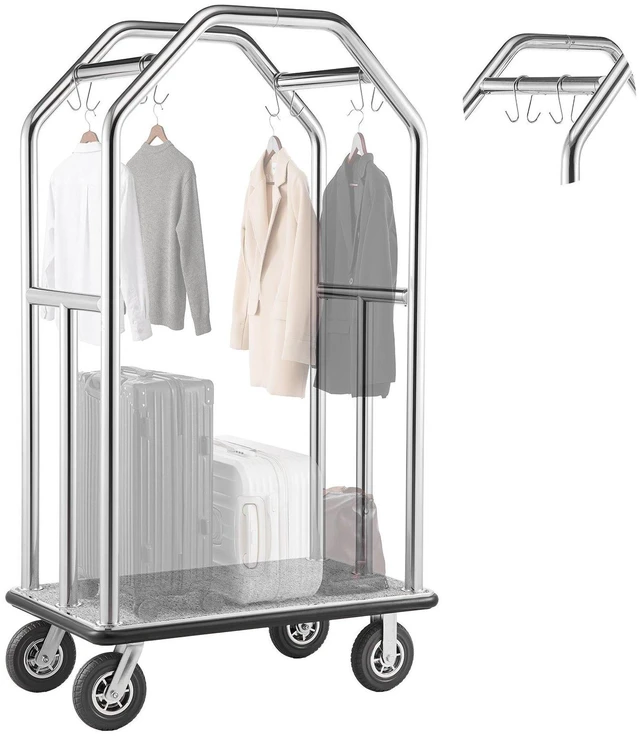 Main image of VEVOR Hotel Luggage Cart, 1500 lbs Heavy Duty Bellman Cart with Stainless Steel Frame, 8 in Rubber Wheels, Gray Carpeted Deck, Commercial Luggage Carrier Rolling Trolley for Hotels,Resorts,Silver