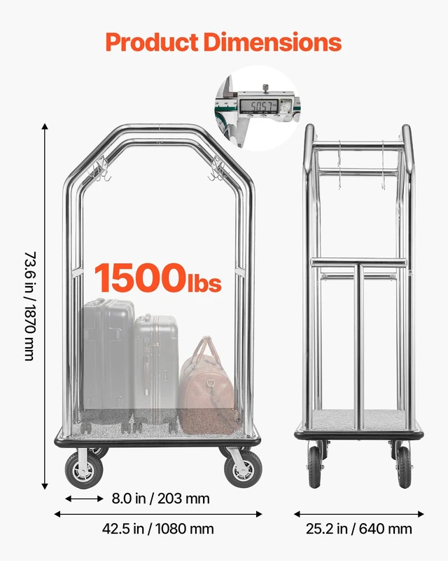 Alt view image 3 of 8 - VEVOR Hotel Luggage Cart, 1500 lbs Heavy Duty Bellman Cart with Stainless Steel Frame, 8 in Rubber Wheels, Gray Carpeted Deck, Commercial Luggage Carrier Rolling Trolley for Hotels,Resorts,Silver
