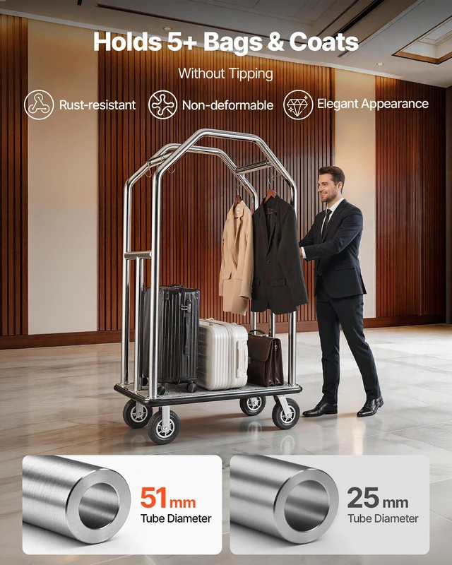Alt view image 5 of 8 - VEVOR Hotel Luggage Cart, 1500 lbs Heavy Duty Bellman Cart with Stainless Steel Frame, 8 in Rubber Wheels, Gray Carpeted Deck, Commercial Luggage Carrier Rolling Trolley for Hotels,Resorts,Silver