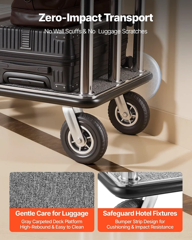 Alt view image 6 of 8 - VEVOR Hotel Luggage Cart, 1500 lbs Heavy Duty Bellman Cart with Stainless Steel Frame, 8 in Rubber Wheels, Gray Carpeted Deck, Commercial Luggage Carrier Rolling Trolley for Hotels,Resorts,Silver