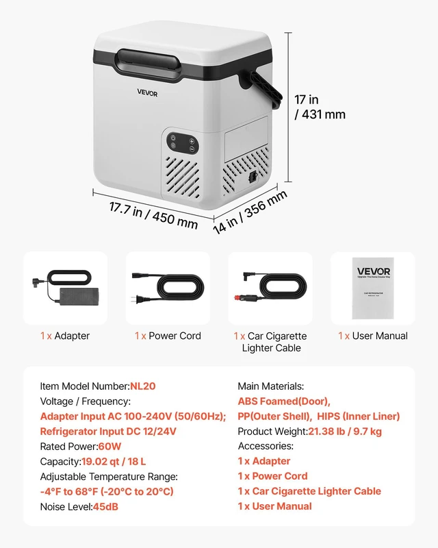 Alt view image 7 of 8 - VEVOR 12 Volt Refrigerator, 19 QT/ 18L Car Fridge, Portable Electric Freezer Compressor with Handle, 12V/24V DC 100-240V AC, -4 to 68/ -20 to 20, for Truck Van RV SUV Boat Travel Camping