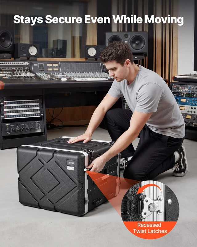 Alt view image 5 of 8 - VEVOR 8U Rack Case, Standard 19 in Depth, Rolling Server Cabinet with Wheels, ABS Construction, Retractable Handle, Latches, for Amplifier (7U Rack Space + 1U Wheel Space), 18.4 in Internal Depth