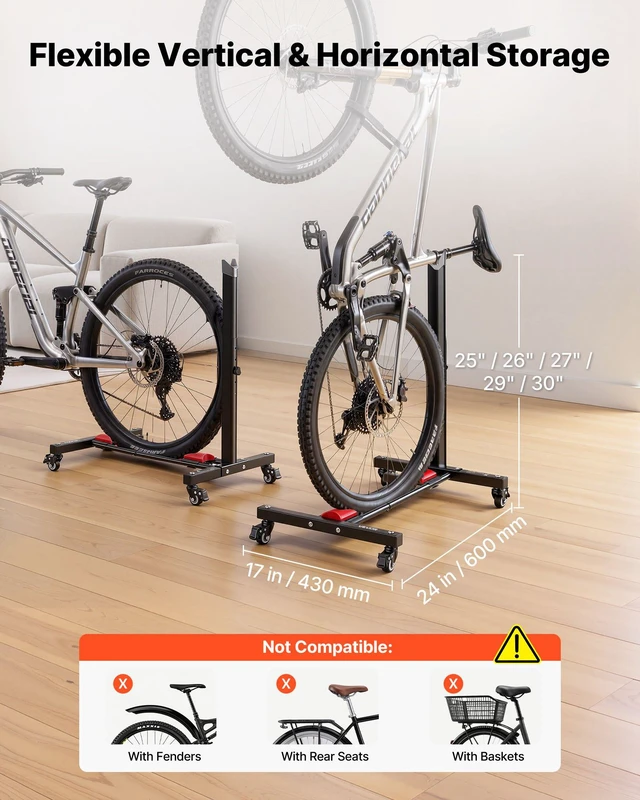 Alt view image 2 of 8 - VEVOR Bike Stand, Freestanding Vertical & Horizontal Bike Storage Rack, with Lockable Casters, Height Adjustable Carbon Steel Upright Garage Bicycle Floor Stand, for 20-29 in Wheel Diameters, Black