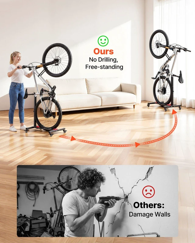 Alt view image 3 of 8 - VEVOR Bike Stand, Freestanding Vertical & Horizontal Bike Storage Rack, with Lockable Casters, Height Adjustable Carbon Steel Upright Garage Bicycle Floor Stand, for 20-29 in Wheel Diameters, Black