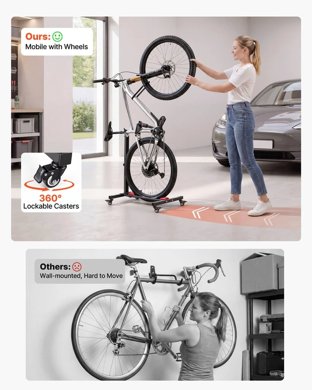 Alt view image 4 of 8 - VEVOR Bike Stand, Freestanding Vertical & Horizontal Bike Storage Rack, with Lockable Casters, Height Adjustable Carbon Steel Upright Garage Bicycle Floor Stand, for 20-29 in Wheel Diameters, Black