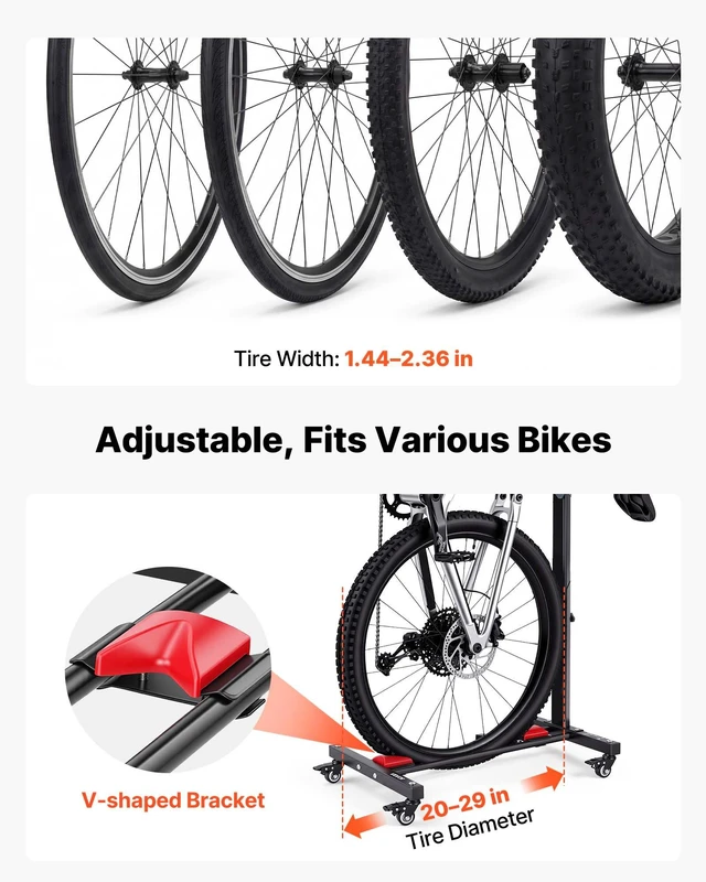 Alt view image 5 of 8 - VEVOR Bike Stand, Freestanding Vertical & Horizontal Bike Storage Rack, with Lockable Casters, Height Adjustable Carbon Steel Upright Garage Bicycle Floor Stand, for 20-29 in Wheel Diameters, Black