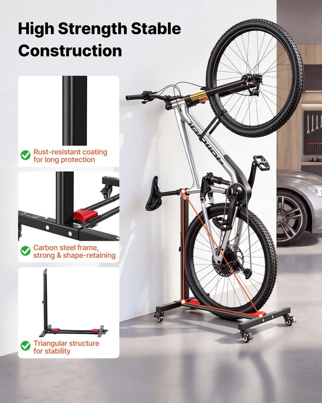 Alt view image 6 of 8 - VEVOR Bike Stand, Freestanding Vertical & Horizontal Bike Storage Rack, with Lockable Casters, Height Adjustable Carbon Steel Upright Garage Bicycle Floor Stand, for 20-29 in Wheel Diameters, Black