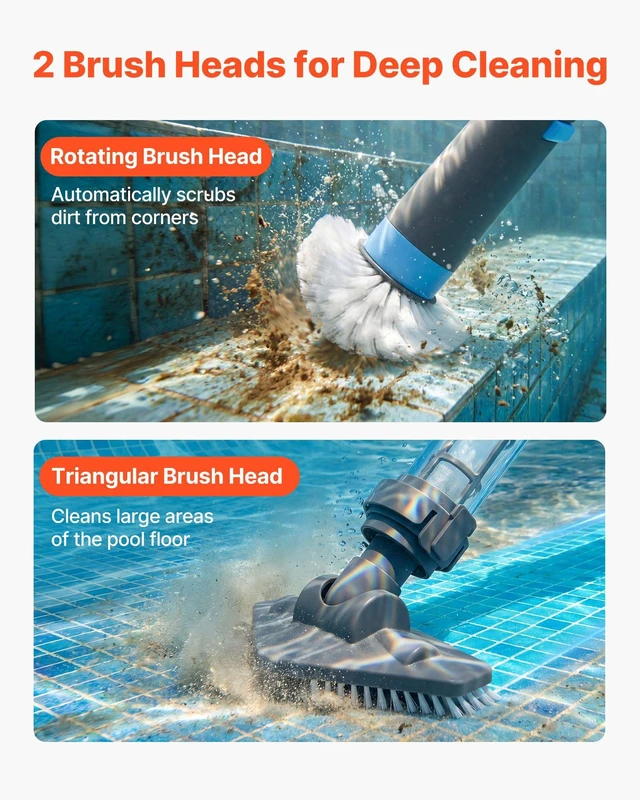 Alt view image 3 of 8 - VEVOR Handheld Pool Vacuum, 8.5 GPM Cordless Spa Hot Tub Vacuum with Extension Pole and 2 Brush Heads, 60 Mins Running Time, for Small Debris, Sand, Rechargeable Pool Cleaner for Above Ground Pools