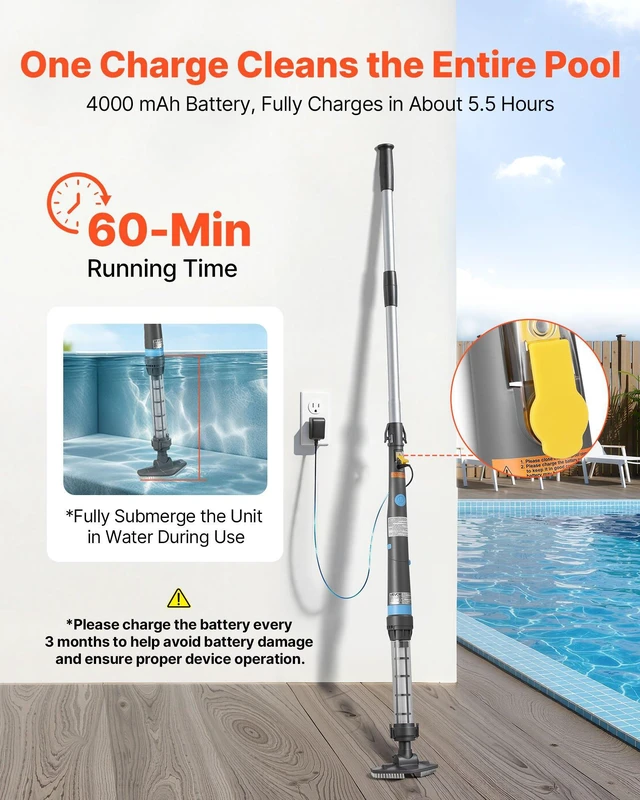 Alt view image 4 of 8 - VEVOR Handheld Pool Vacuum, 8.5 GPM Cordless Spa Hot Tub Vacuum with Extension Pole and 2 Brush Heads, 60 Mins Running Time, for Small Debris, Sand, Rechargeable Pool Cleaner for Above Ground Pools