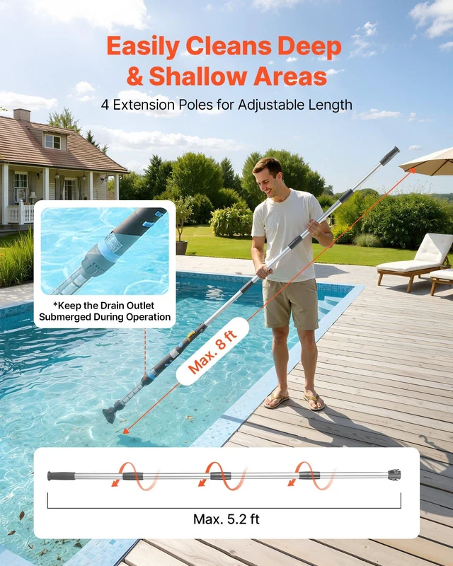 Alt view image 5 of 8 - VEVOR Handheld Pool Vacuum, 8.5 GPM Cordless Spa Hot Tub Vacuum with Extension Pole and 2 Brush Heads, 60 Mins Running Time, for Small Debris, Sand, Rechargeable Pool Cleaner for Above Ground Pools