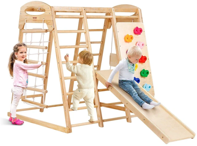 Main image of VEVOR Indoor Jungle Gym, 7-in-1 Toddler Indoor Playground, 47.2 x 58 x 56 inch, with Wood and Rope Ladder, Net Ladder, Swing, Monkey Bar, Slide, Climbing Wall, Wooden Indoor Climbing Toys for Kids