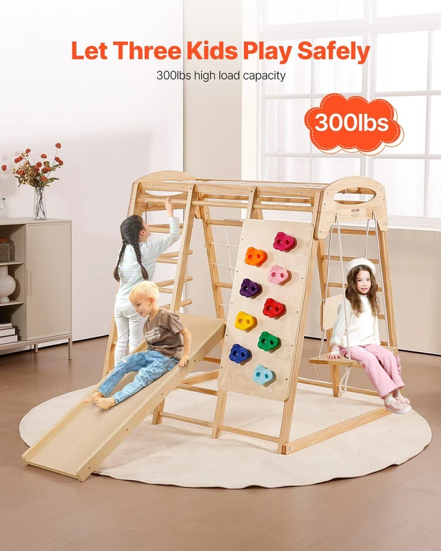 Alt view image 2 of 8 - VEVOR Indoor Jungle Gym, 7-in-1 Toddler Indoor Playground, 47.2 x 58 x 56 inch, with Wood and Rope Ladder, Net Ladder, Swing, Monkey Bar, Slide, Climbing Wall, Wooden Indoor Climbing Toys for Kids