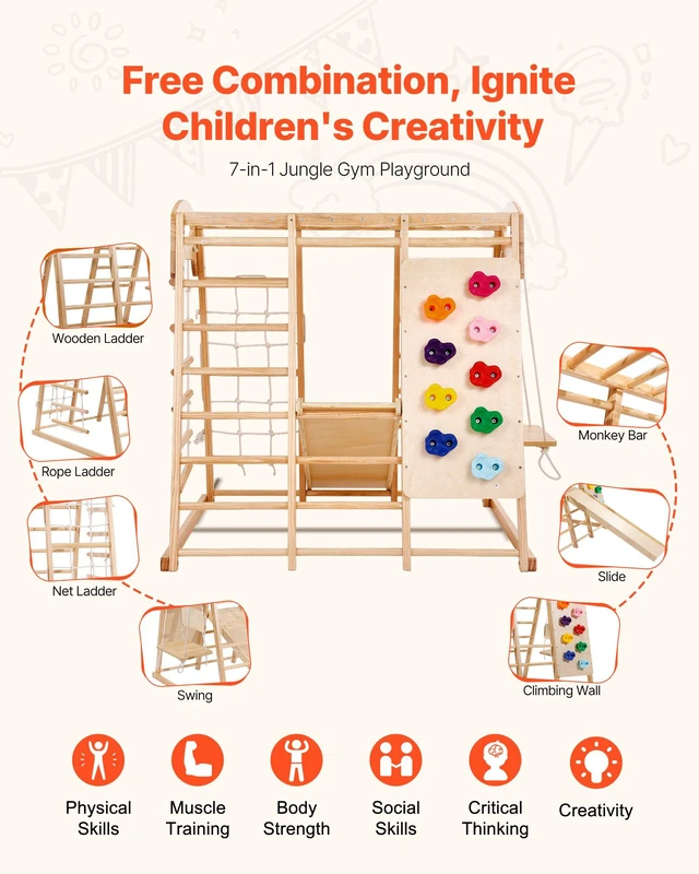 Alt view image 3 of 8 - VEVOR Indoor Jungle Gym, 7-in-1 Toddler Indoor Playground, 47.2 x 58 x 56 inch, with Wood and Rope Ladder, Net Ladder, Swing, Monkey Bar, Slide, Climbing Wall, Wooden Indoor Climbing Toys for Kids