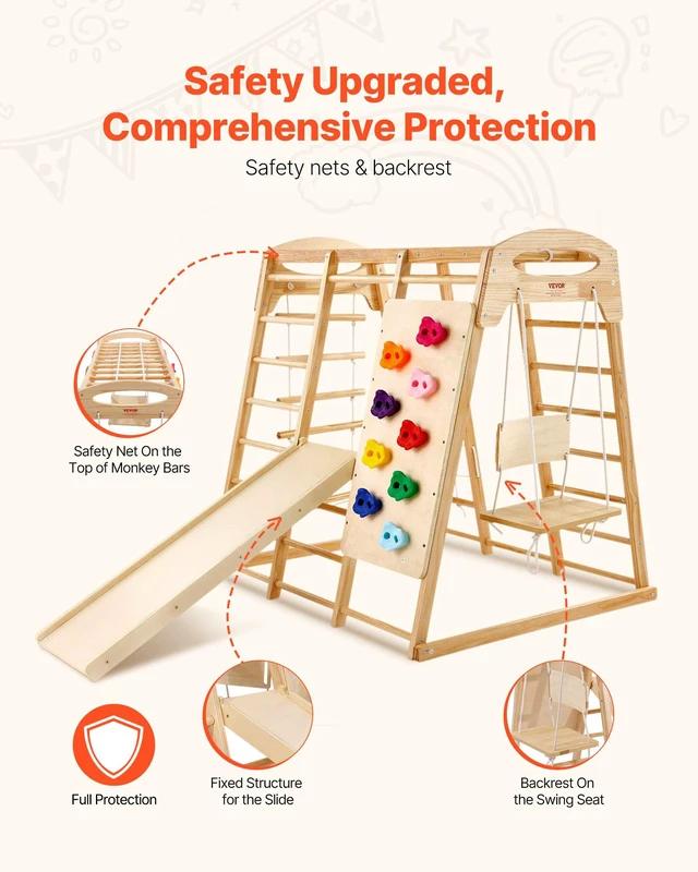 Alt view image 5 of 8 - VEVOR Indoor Jungle Gym, 7-in-1 Toddler Indoor Playground, 47.2 x 58 x 56 inch, with Wood and Rope Ladder, Net Ladder, Swing, Monkey Bar, Slide, Climbing Wall, Wooden Indoor Climbing Toys for Kids