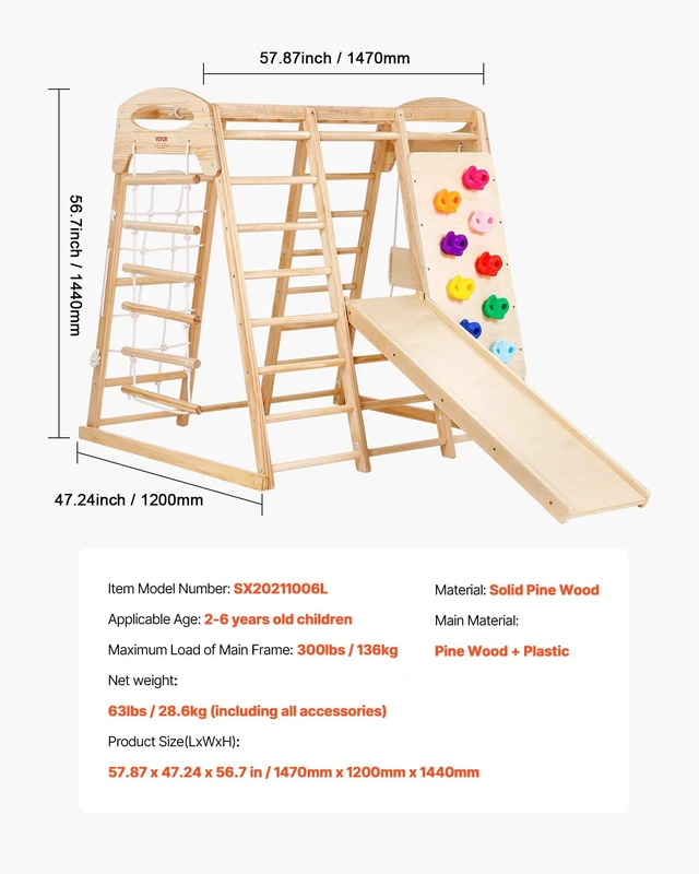 Alt view image 7 of 8 - VEVOR Indoor Jungle Gym, 7-in-1 Toddler Indoor Playground, 47.2 x 58 x 56 inch, with Wood and Rope Ladder, Net Ladder, Swing, Monkey Bar, Slide, Climbing Wall, Wooden Indoor Climbing Toys for Kids