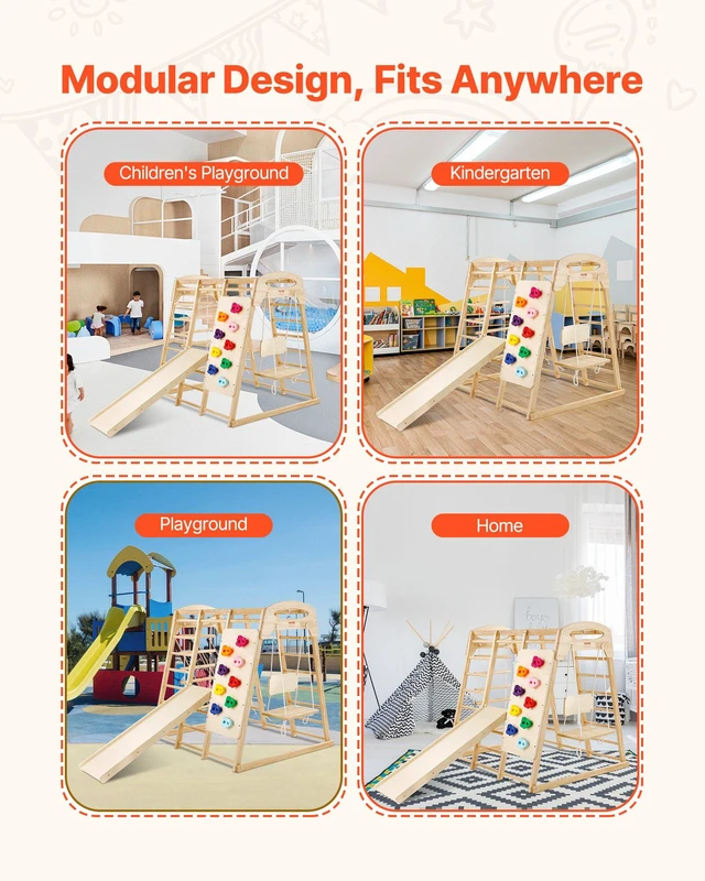 Alt view image 6 of 8 - VEVOR Indoor Jungle Gym, 7-in-1 Toddler Indoor Playground, 47.2 x 58 x 56 inch, with Wood and Rope Ladder, Net Ladder, Swing, Monkey Bar, Slide, Climbing Wall, Wooden Indoor Climbing Toys for Kids