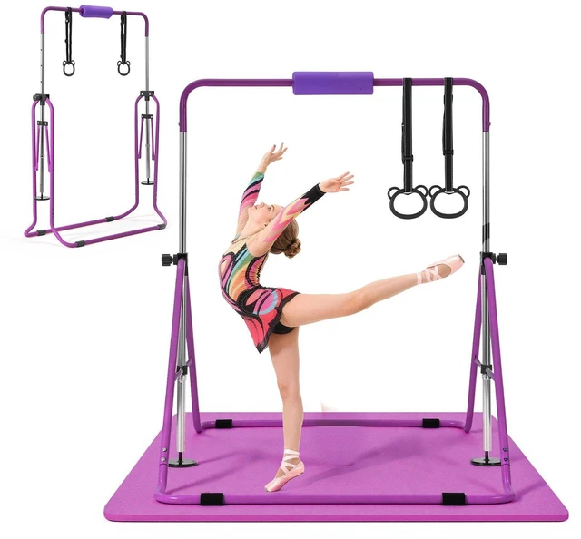 Main image of VEVOR Gymnastic Bars for Kids, 140 lbs Capacity Folding Training Kip Bar with Mat, Adjustable Height Gymnastic Horizontal Bar for Home, Training Equipment for Indoor Outdoor, Easy to Assemble, Purple