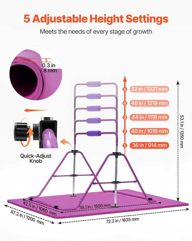 Alt view image 2 of 8 - VEVOR Gymnastic Bars for Kids, 140 lbs Capacity Folding Training Kip Bar with Mat, Adjustable Height Gymnastic Horizontal Bar for Home, Training Equipment for Indoor Outdoor, Easy to Assemble, Purple