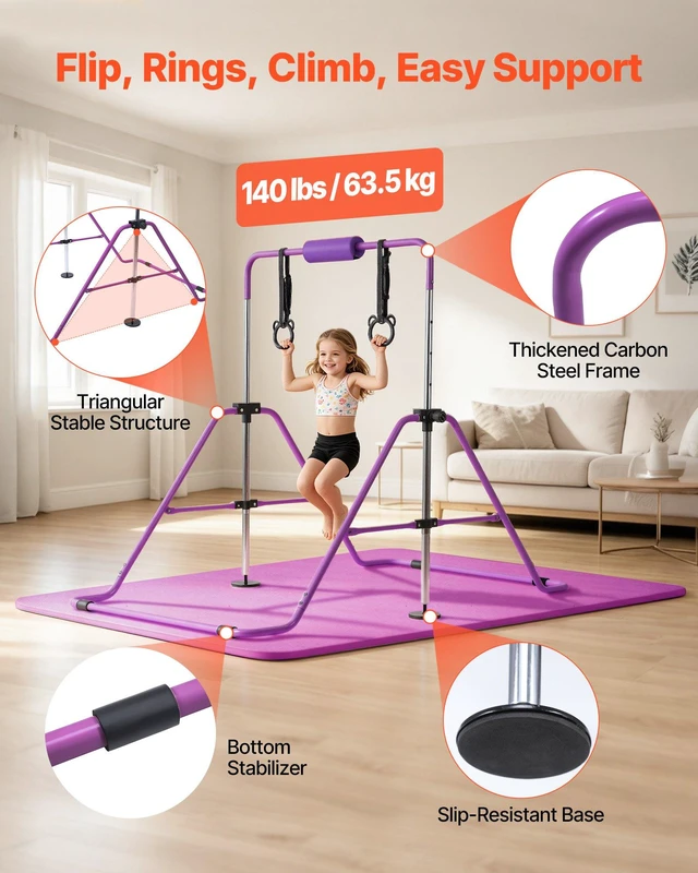Alt view image 3 of 8 - VEVOR Gymnastic Bars for Kids, 140 lbs Capacity Folding Training Kip Bar with Mat, Adjustable Height Gymnastic Horizontal Bar for Home, Training Equipment for Indoor Outdoor, Easy to Assemble, Purple