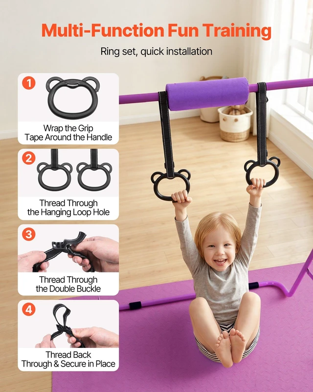 Alt view image 4 of 8 - VEVOR Gymnastic Bars for Kids, 140 lbs Capacity Folding Training Kip Bar with Mat, Adjustable Height Gymnastic Horizontal Bar for Home, Training Equipment for Indoor Outdoor, Easy to Assemble, Purple