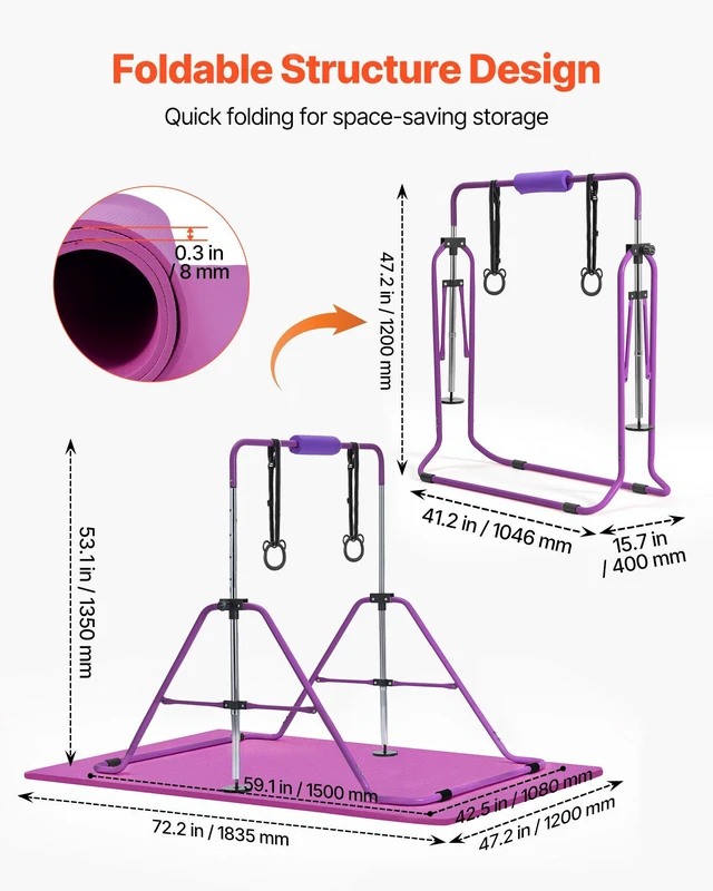 Alt view image 6 of 8 - VEVOR Gymnastic Bars for Kids, 140 lbs Capacity Folding Training Kip Bar with Mat, Adjustable Height Gymnastic Horizontal Bar for Home, Training Equipment for Indoor Outdoor, Easy to Assemble, Purple