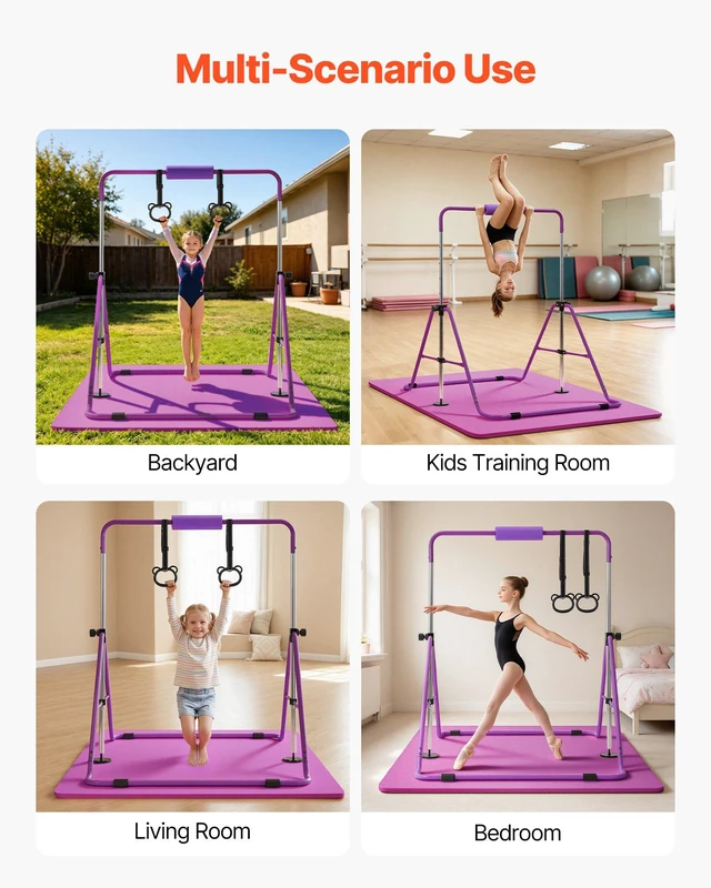 Alt view image 7 of 8 - VEVOR Gymnastic Bars for Kids, 140 lbs Capacity Folding Training Kip Bar with Mat, Adjustable Height Gymnastic Horizontal Bar for Home, Training Equipment for Indoor Outdoor, Easy to Assemble, Purple