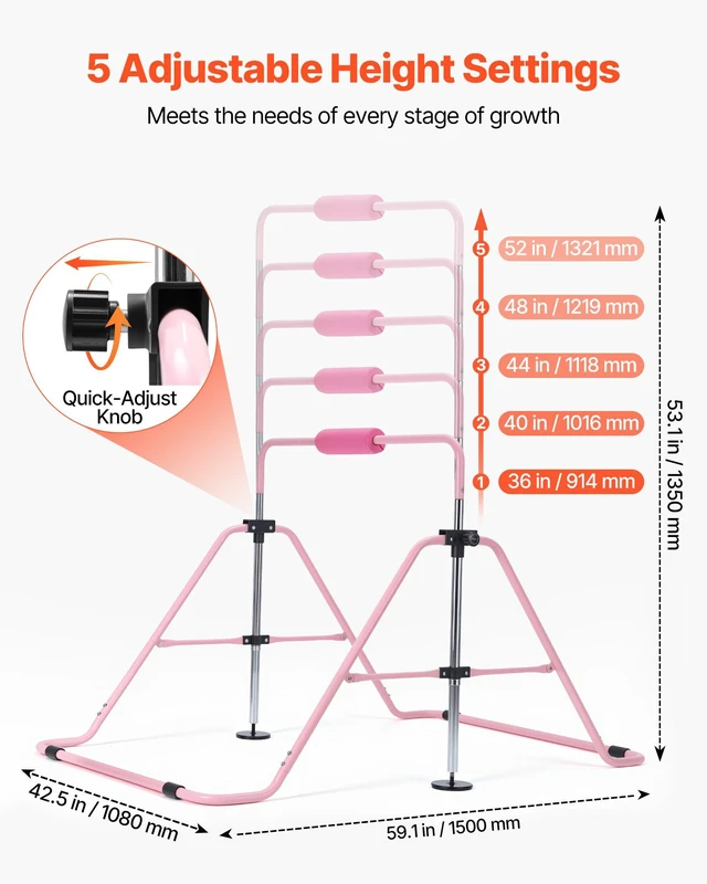 Alt view image 2 of 8 - VEVOR Gymnastic Bars for Kids, 140 lbs Capacity Folding Training Kip Bar, Adjustable Height Gymnastic Horizontal Bar for Home, Training Equipment for Indoor and Outdoor, Easy to Assemble, Pink