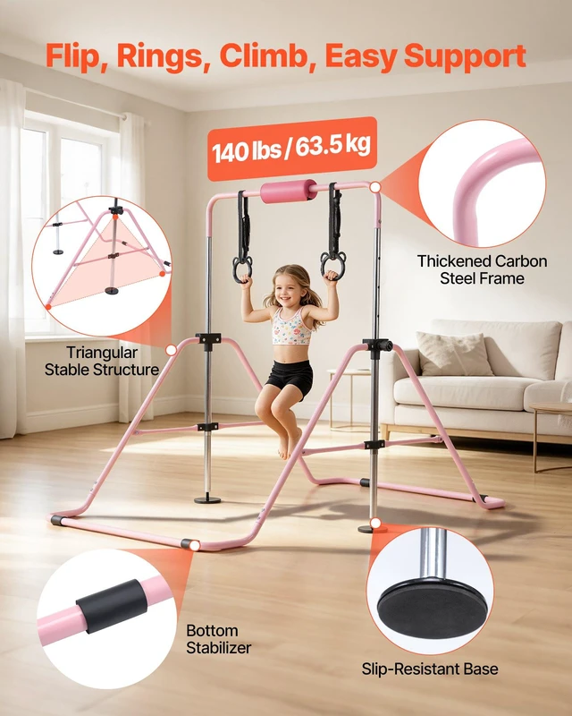 Alt view image 3 of 8 - VEVOR Gymnastic Bars for Kids, 140 lbs Capacity Folding Training Kip Bar, Adjustable Height Gymnastic Horizontal Bar for Home, Training Equipment for Indoor and Outdoor, Easy to Assemble, Pink