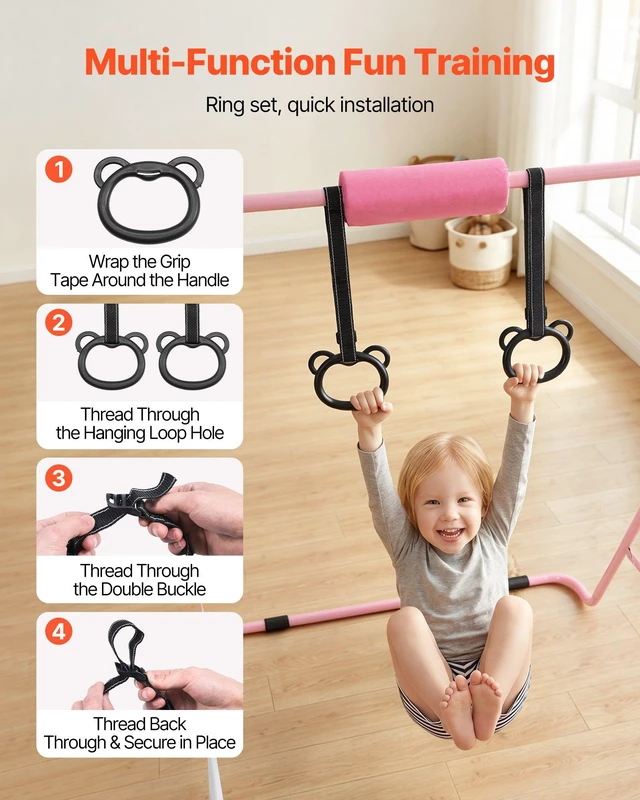 Alt view image 4 of 8 - VEVOR Gymnastic Bars for Kids, 140 lbs Capacity Folding Training Kip Bar, Adjustable Height Gymnastic Horizontal Bar for Home, Training Equipment for Indoor and Outdoor, Easy to Assemble, Pink