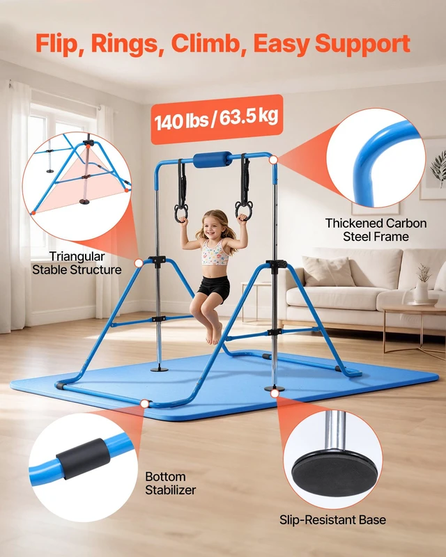 Alt view image 3 of 8 - VEVOR Gymnastic Bars for Kids, 140 lbs Capacity Folding Training Kip Bar with Mat, Adjustable Height Gymnastic Horizontal Bar for Home, Training Equipment for Indoor Outdoor, Easy to Assemble, Blue