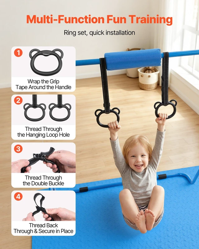Alt view image 4 of 8 - VEVOR Gymnastic Bars for Kids, 140 lbs Capacity Folding Training Kip Bar with Mat, Adjustable Height Gymnastic Horizontal Bar for Home, Training Equipment for Indoor Outdoor, Easy to Assemble, Blue