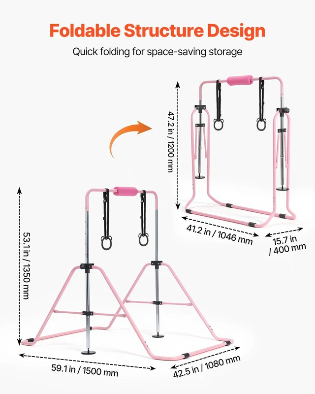 Alt view image 6 of 8 - VEVOR Gymnastic Bars for Kids, 140 lbs Capacity Folding Training Kip Bar, Adjustable Height Gymnastic Horizontal Bar for Home, Training Equipment for Indoor and Outdoor, Easy to Assemble, Pink