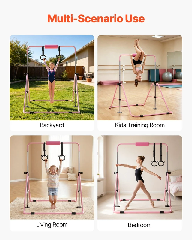 Alt view image 7 of 8 - VEVOR Gymnastic Bars for Kids, 140 lbs Capacity Folding Training Kip Bar, Adjustable Height Gymnastic Horizontal Bar for Home, Training Equipment for Indoor and Outdoor, Easy to Assemble, Pink