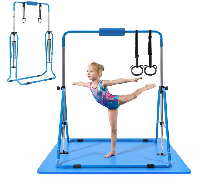 Main image of VEVOR Gymnastic Bars for Kids, 140 lbs Capacity Folding Training Kip Bar with Mat, Adjustable Height Gymnastic Horizontal Bar for Home, Training Equipment for Indoor Outdoor, Easy to Assemble, Blue