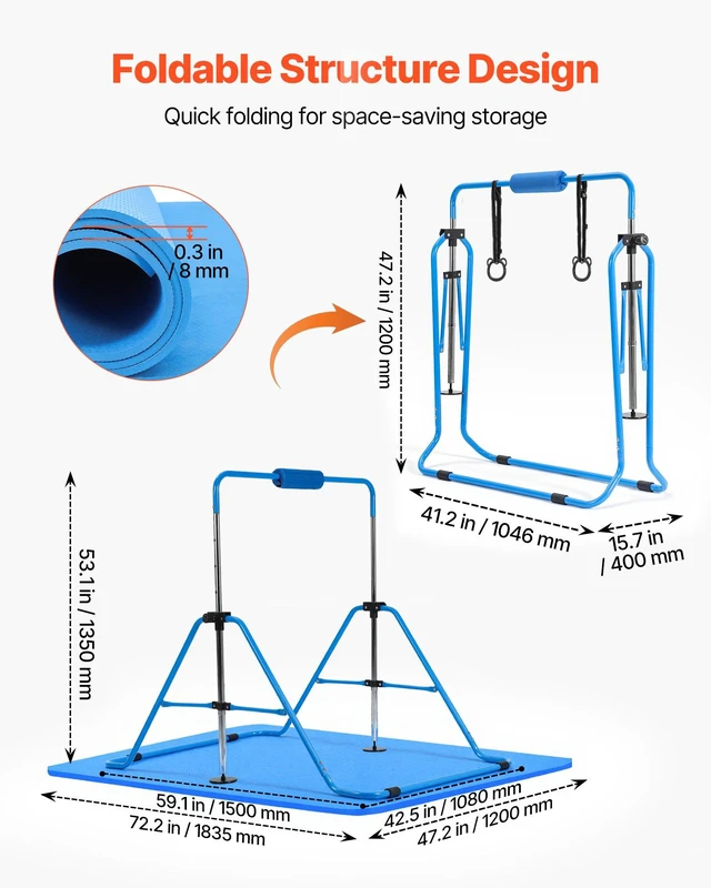 Alt view image 6 of 8 - VEVOR Gymnastic Bars for Kids, 140 lbs Capacity Folding Training Kip Bar with Mat, Adjustable Height Gymnastic Horizontal Bar for Home, Training Equipment for Indoor Outdoor, Easy to Assemble, Blue