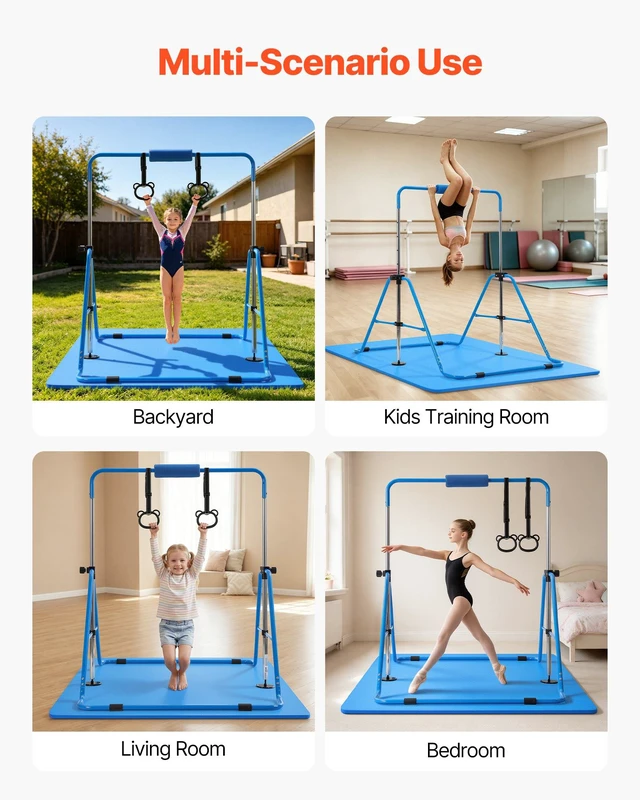 Alt view image 7 of 8 - VEVOR Gymnastic Bars for Kids, 140 lbs Capacity Folding Training Kip Bar with Mat, Adjustable Height Gymnastic Horizontal Bar for Home, Training Equipment for Indoor Outdoor, Easy to Assemble, Blue