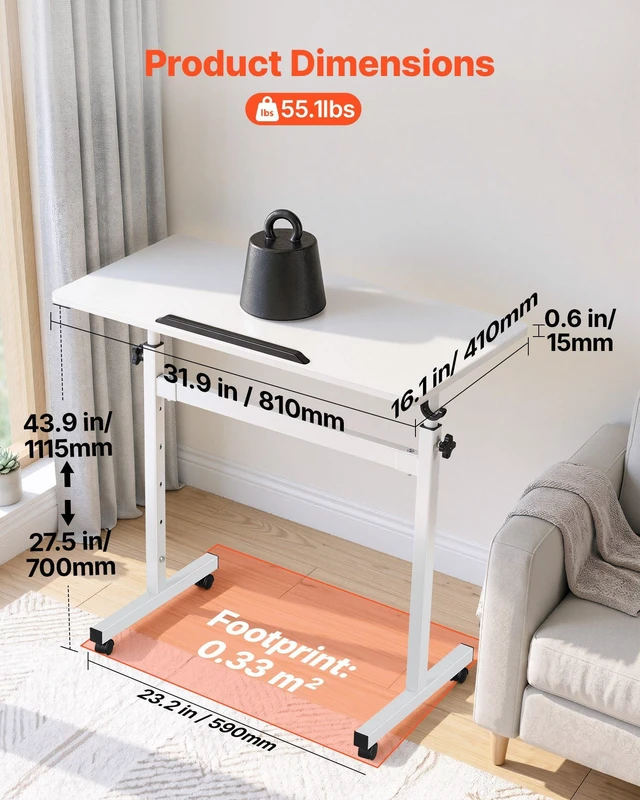 Alt view image 2 of 8 - VEVOR Standing Desk, Adjustable Height Mobile Stand Up Desk 360° Tilting Desktop, 32 x 16 in Small Computer Sit Stand Rolling Workstation w/ Hook, Lockable Casters, 55.1 lbs Capacity for Home Office