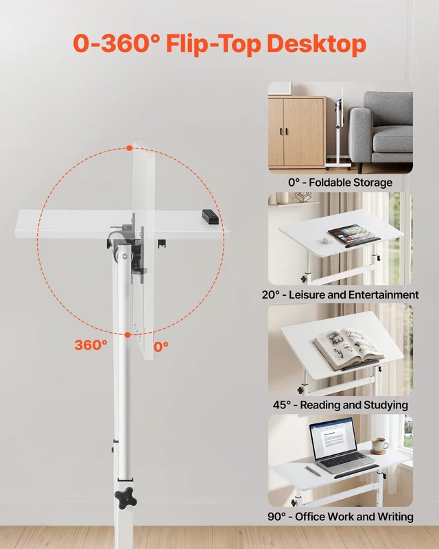 Alt view image 4 of 8 - VEVOR Standing Desk, Adjustable Height Mobile Stand Up Desk 360° Tilting Desktop, 32 x 16 in Small Computer Sit Stand Rolling Workstation w/ Hook, Lockable Casters, 55.1 lbs Capacity for Home Office
