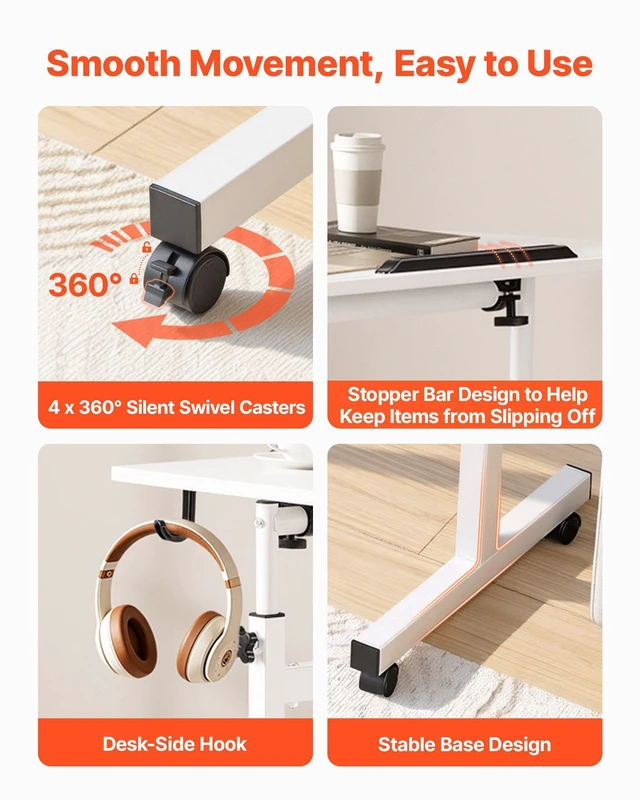 Alt view image 5 of 8 - VEVOR Standing Desk, Adjustable Height Mobile Stand Up Desk 360° Tilting Desktop, 32 x 16 in Small Computer Sit Stand Rolling Workstation w/ Hook, Lockable Casters, 55.1 lbs Capacity for Home Office