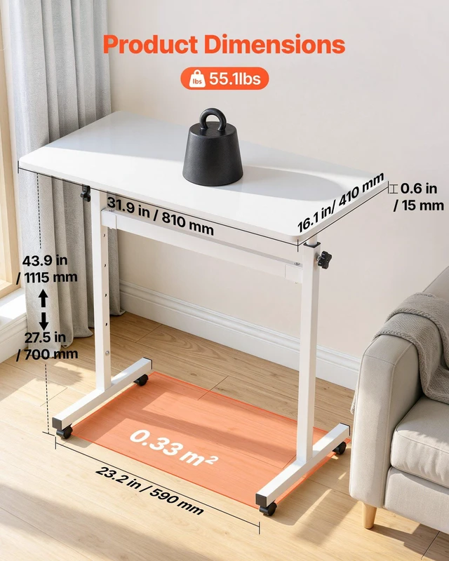 Alt view image 2 of 8 - VEVOR Standing Desk, Adjustable Height Mobile Stand Up Desk with Lockable Casters, 32 x 16 in Small Computer Sit Stand Rolling Workstation with Hook, 55.1 lbs Desktop Capacity, for Home Office, White