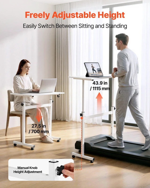 Alt view image 3 of 8 - VEVOR Standing Desk, Adjustable Height Mobile Stand Up Desk with Lockable Casters, 32 x 16 in Small Computer Sit Stand Rolling Workstation with Hook, 55.1 lbs Desktop Capacity, for Home Office, White
