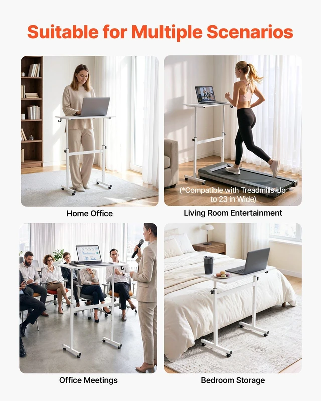 Alt view image 6 of 8 - VEVOR Standing Desk, Adjustable Height Mobile Stand Up Desk with Lockable Casters, 32 x 16 in Small Computer Sit Stand Rolling Workstation with Hook, 55.1 lbs Desktop Capacity, for Home Office, White