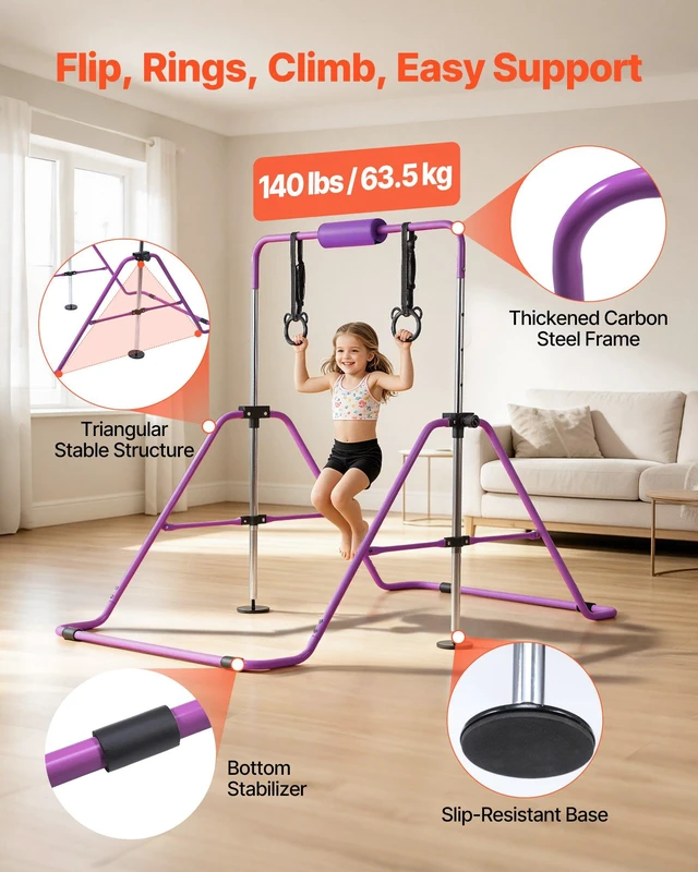 Alt view image 3 of 8 - VEVOR Gymnastic Bars for Kids, 140 lbs Capacity Folding Training Kip Bar, Adjustable Height Gymnastic Horizontal Bar for Home, Training Equipment for Indoor and Outdoor, Easy to Assemble, Purple