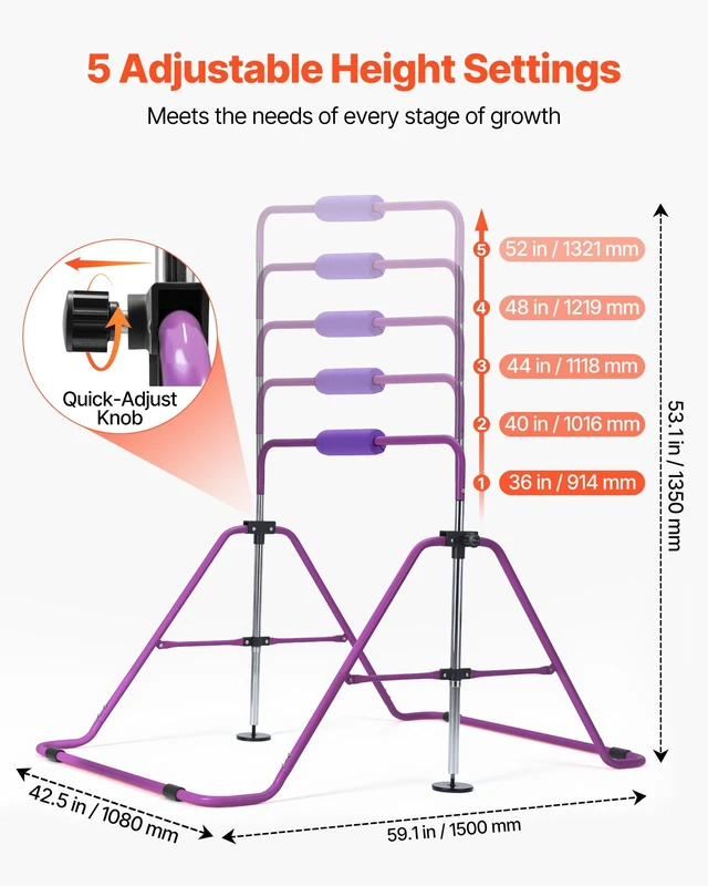 Alt view image 2 of 8 - VEVOR Gymnastic Bars for Kids, 140 lbs Capacity Folding Training Kip Bar, Adjustable Height Gymnastic Horizontal Bar for Home, Training Equipment for Indoor and Outdoor, Easy to Assemble, Purple
