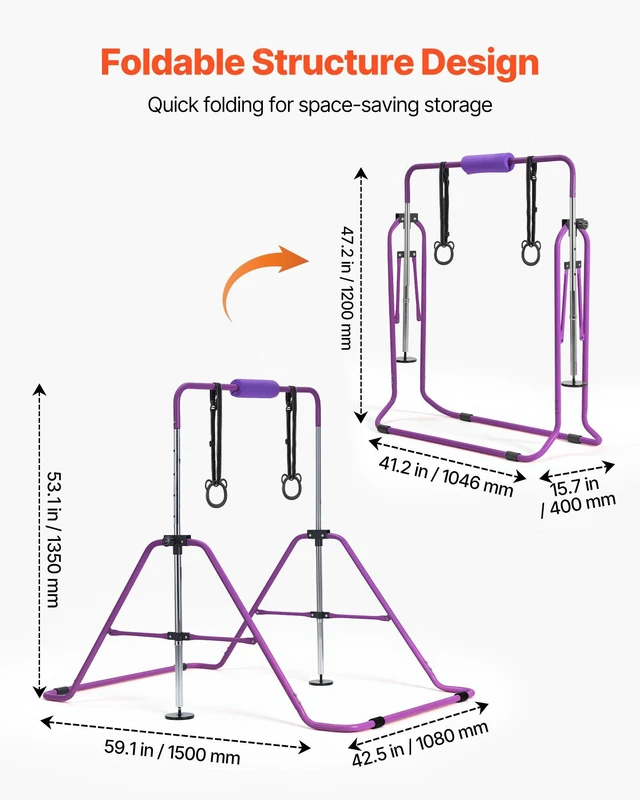 Alt view image 6 of 8 - VEVOR Gymnastic Bars for Kids, 140 lbs Capacity Folding Training Kip Bar, Adjustable Height Gymnastic Horizontal Bar for Home, Training Equipment for Indoor and Outdoor, Easy to Assemble, Purple