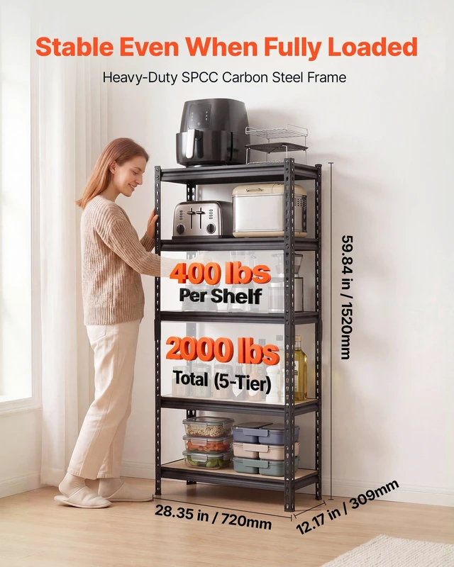 Alt view image 2 of 8 - VEVOR Storage Shelves, 5-Tier Adjustable, 2000 lbs Capacity, Heavy Duty Garage Storage Shelving Unit, Metal Utility Rack Shelf, for Kitchen Pantry Basement Bathroom, 28.35" W x 12.17" D x 59.84" H