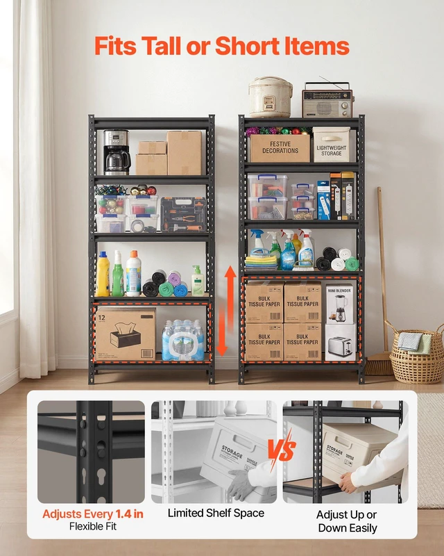 Alt view image 3 of 8 - VEVOR Storage Shelves, 5-Tier Adjustable, 2000 lbs Capacity, Heavy Duty Garage Storage Shelving Unit, Metal Utility Rack Shelf, for Kitchen Pantry Basement Bathroom, 28.35" W x 12.17" D x 59.84" H