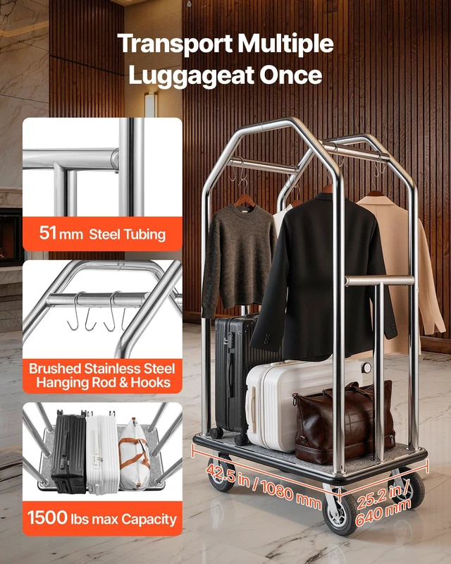 Alt view image 2 of 8 - VEVOR Hotel Luggage Cart, 1500 lbs Heavy Duty Bellman Cart with Stainless Steel Frame, 8 in Rubber Wheels, Gray Carpeted Deck, Commercial Luggage Carrier Rolling Trolley for Hotels,Resorts,Silver
